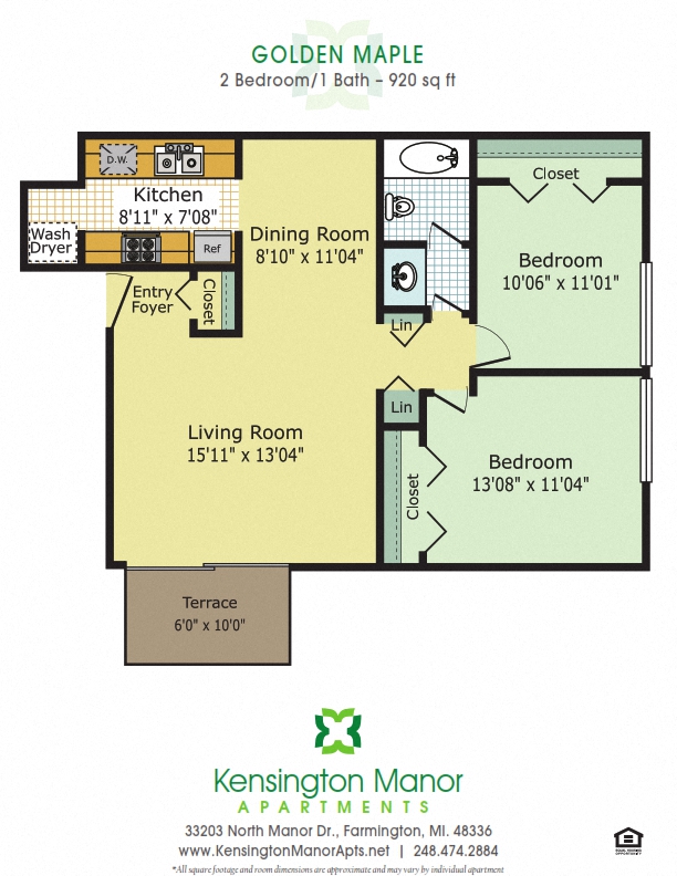 Floor plan for 2 beds, 1 bath, 920 sqft